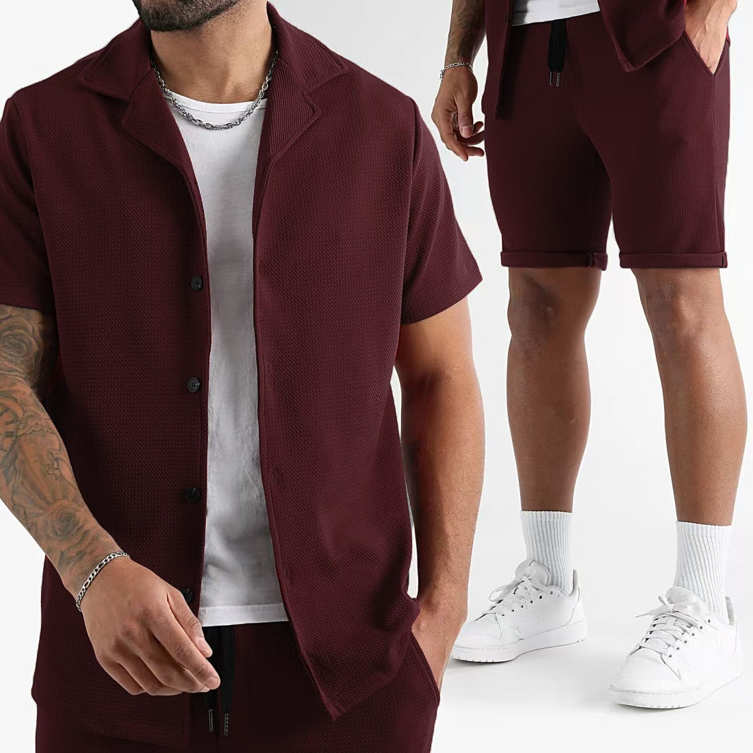 Daily Casual Short Sleeve Cardigan Shirt Men's Suit Solid Color Summer