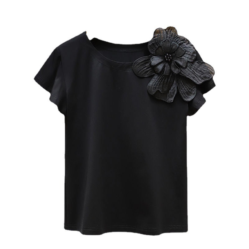 Round Neck 3D Flower Ruffle Sleeve Loose Top