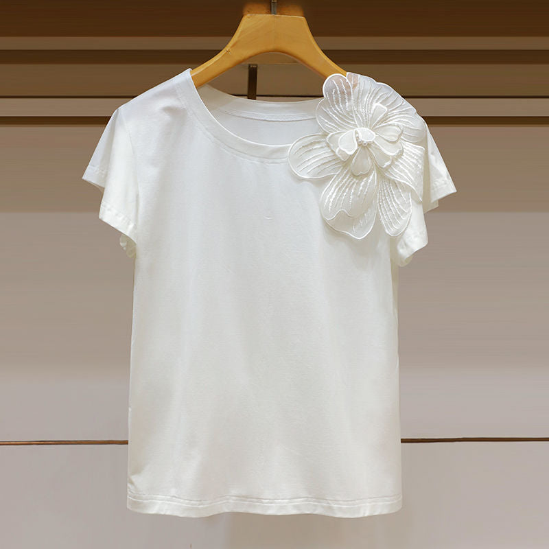 Round Neck 3D Flower Ruffle Sleeve Loose Top