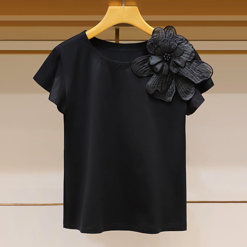 Round Neck 3D Flower Ruffle Sleeve Loose Top